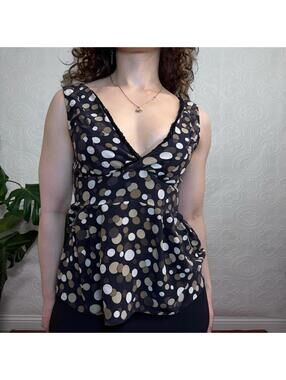 Max & Co Silk Babydoll Tank Top Size 8 Brown Polka Dot V-neck Sleeveless Blouse